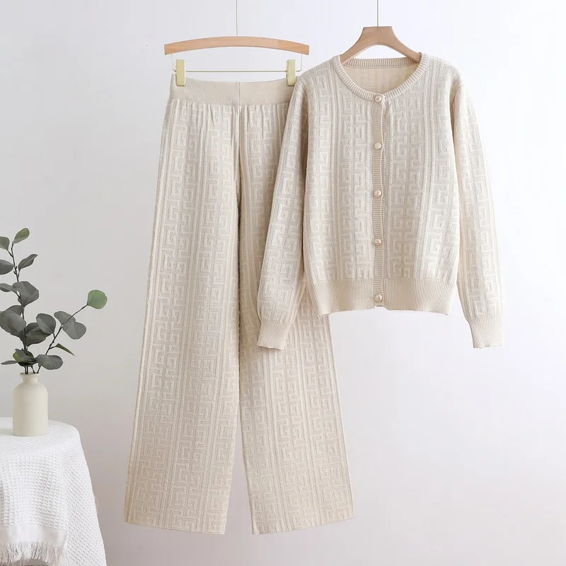 Women Elegant Knitted 2 Piece Sets Korean O-neck Single Breasted Knit Cardigan Conjuntos Casual High Waist Sweatpants Outfit New