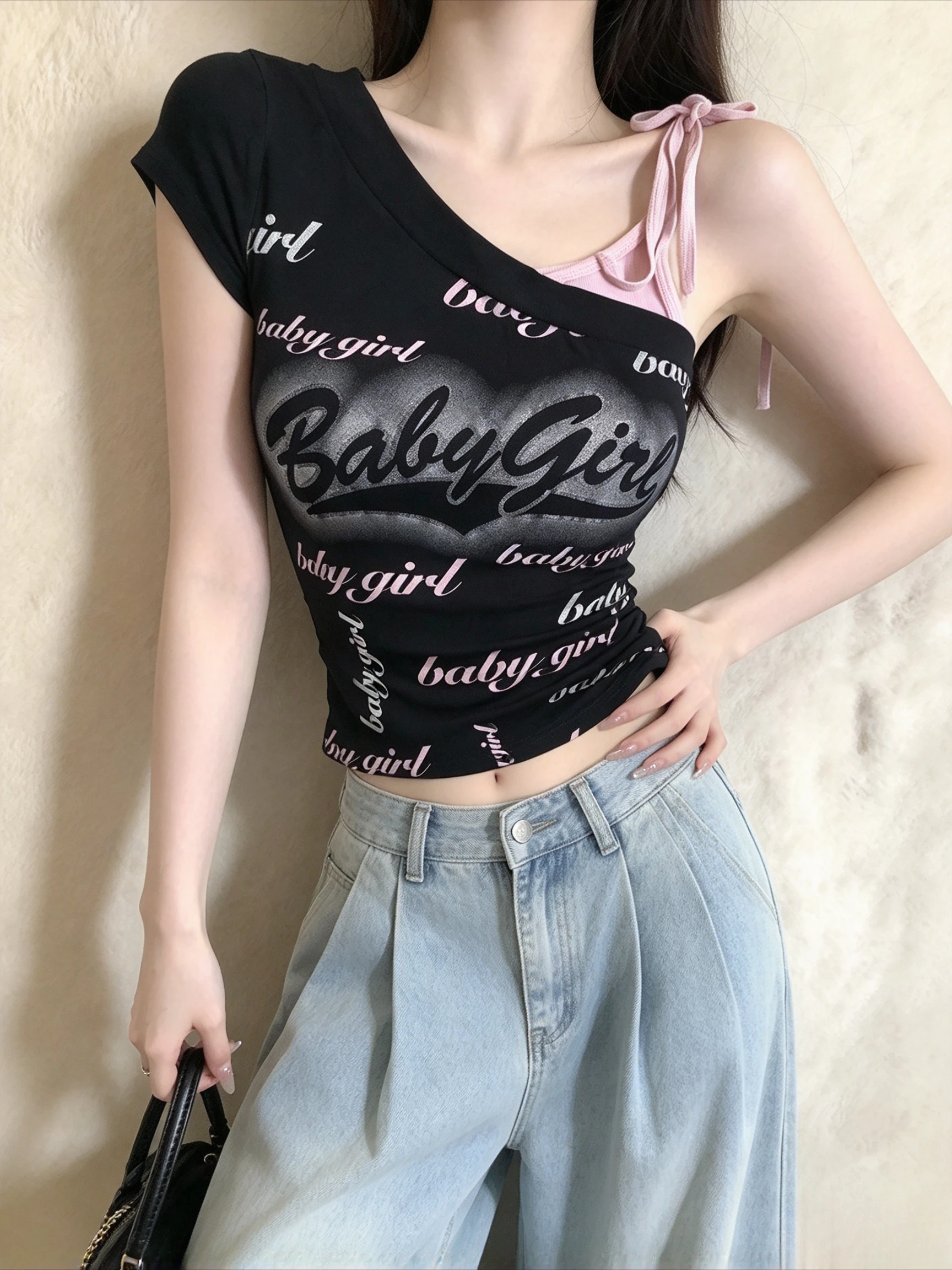 Asymmetrical Neck Short Sleeve T-shirtPink Halter Inner Layer Y2K Sweet Spicy Slim Fit Fake Two Piece Summer Casual Crop Tee Top