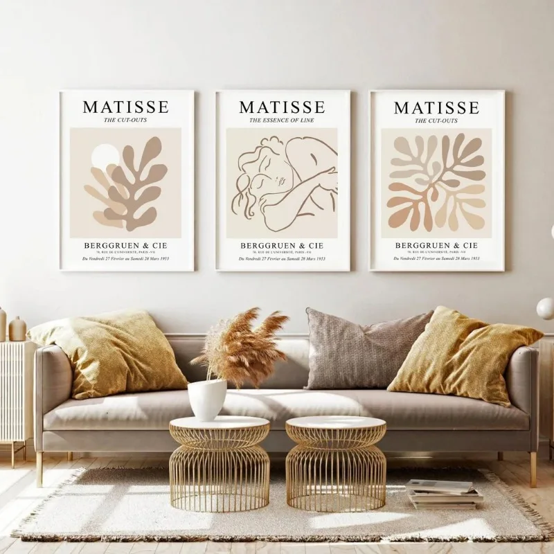 Frameless canvas paintings,Beige Neutral Abstract Matisse Coral Flowers Exhibition Retro Poster Print Canvas Painting Wall Art P