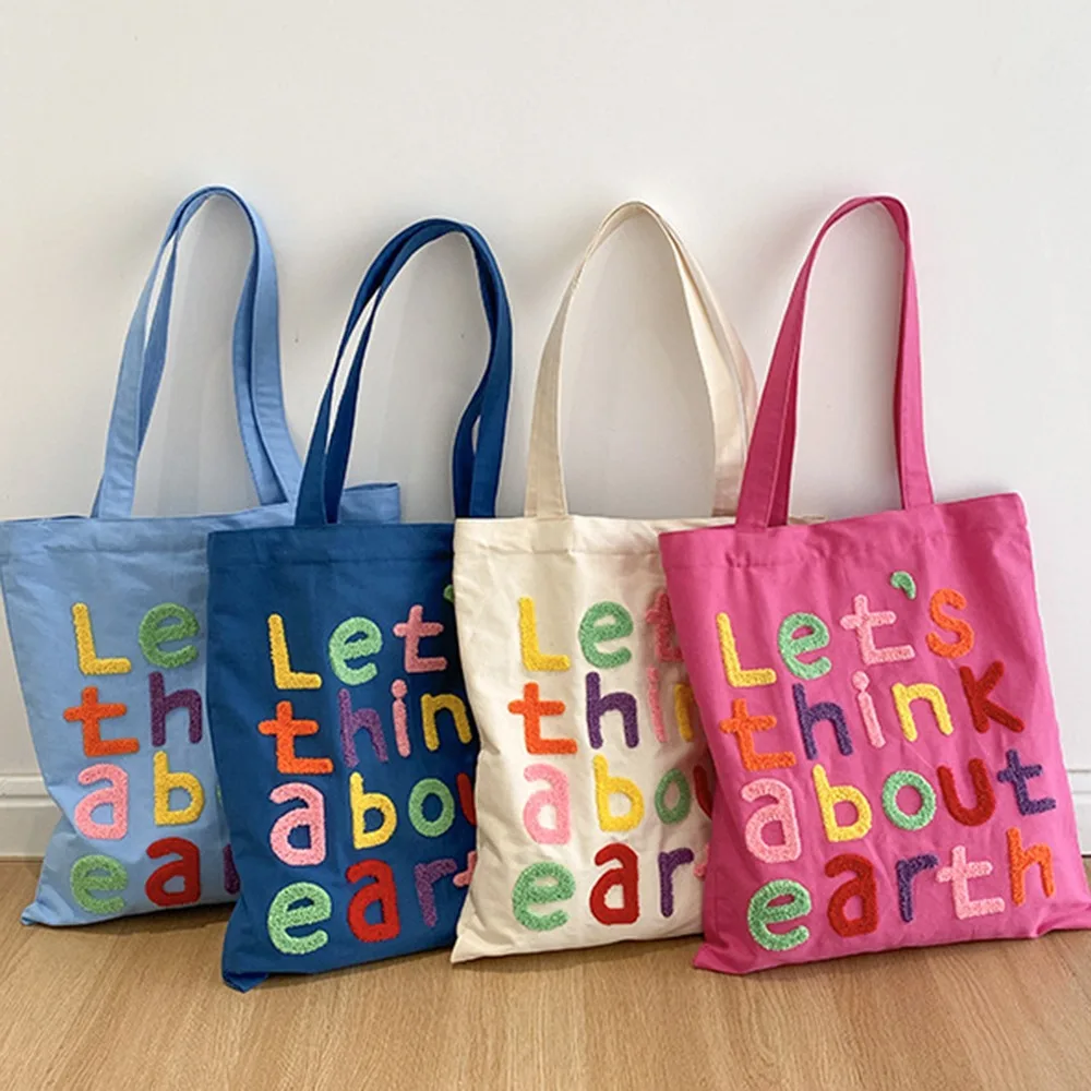 

Vacation Canvas Shopping Bag with Inner Bag Large Capacity Letter Embroidery Handbag Storage Bag Eco Friendly INS Tote Bags