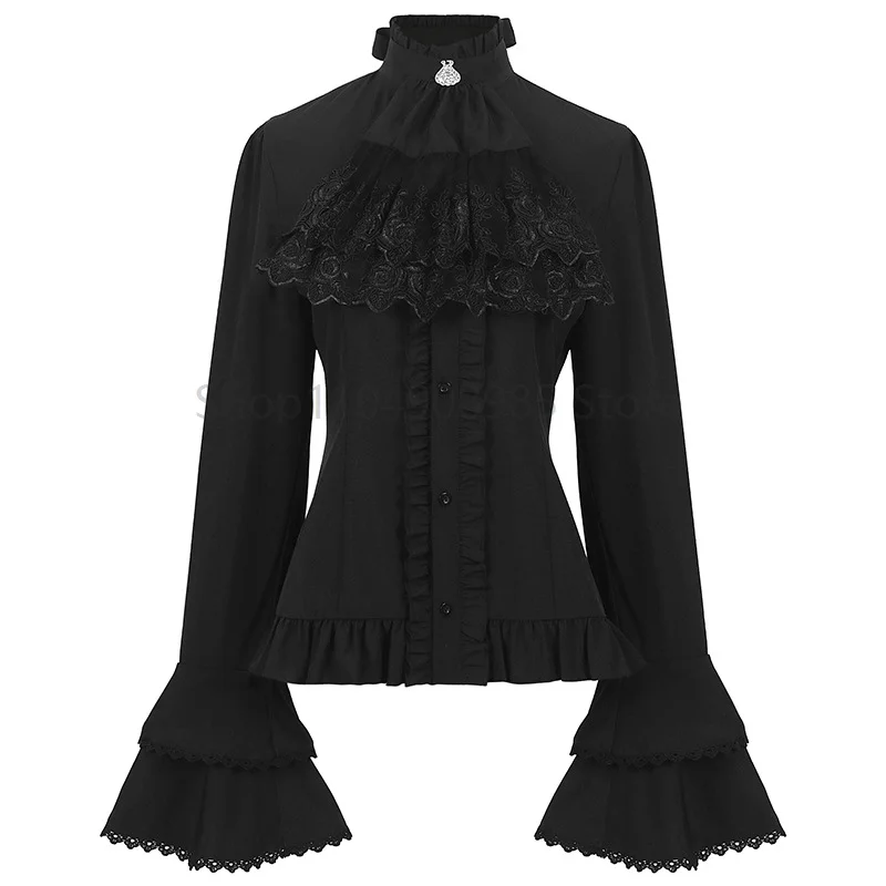 Medieval Women Gothic Victorian Lace Ruffle Blouse High Neck Bell Long Sleeve Vintage Noble Renaissance Masquerade Cosplay Top view 3