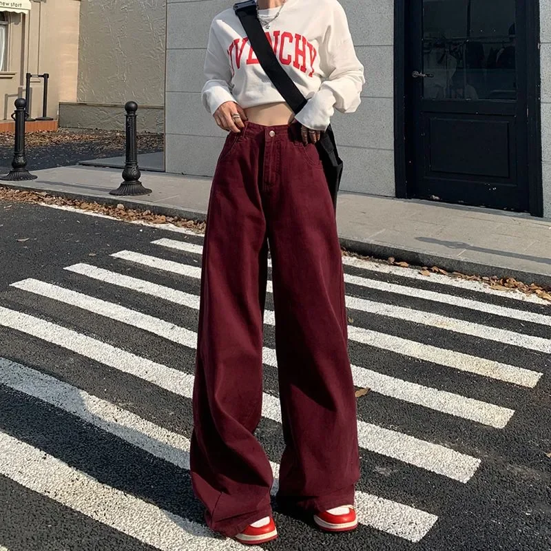 

Autumn Angora Red High Waist Trousers American Female Clothing Wide Leg Denim Pants Loose Casual Vintage Solid Color Basic Jeans