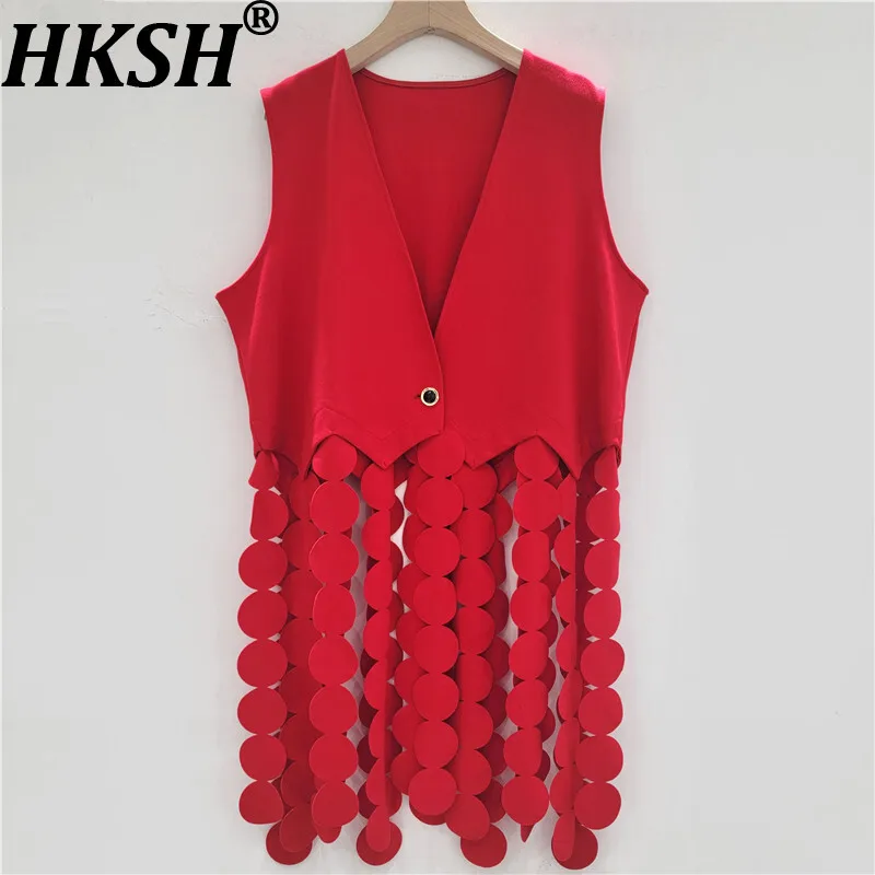 

HKSH Autumn New Women Waistcoat V-neck Sleeveless Patchwork Tassel Solid Color Single Button Trendy Ins High Street Vest HK10092