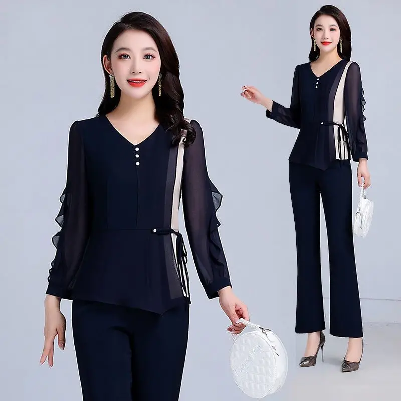 

Oversize Women Chiffon Pants Sets 2024 Spring New Fashion V-neck Patchwork Fungus Edge 2 Piece Female Pantsuits Outfits