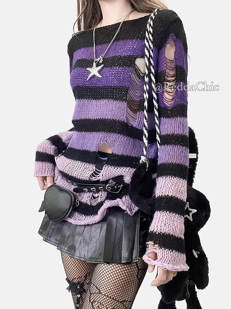 REDDACHiC Maglione strappato a righe sfumate Alt Punk Manica lunga Pullover in maglia strappata extra lunga Top Y2k Retro Autunno Abbigliamento donna