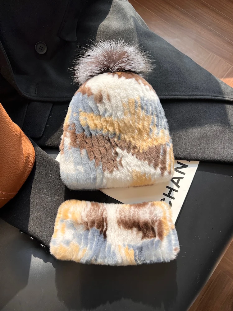 Winter Warm Fashion Women Girl Knitted  Real Rex Rabbit Fur Hat Scarf Russian LadyNatural Soft Rex Rabbit Fur Caps Hot Sale