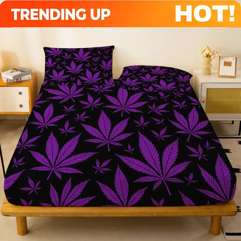 Customize A Purple Cannabis Leaf Patterned Fitted Sheet, a Standalone Deep Pocket Fitted Sheet Without Pillowcases, Made of Soft