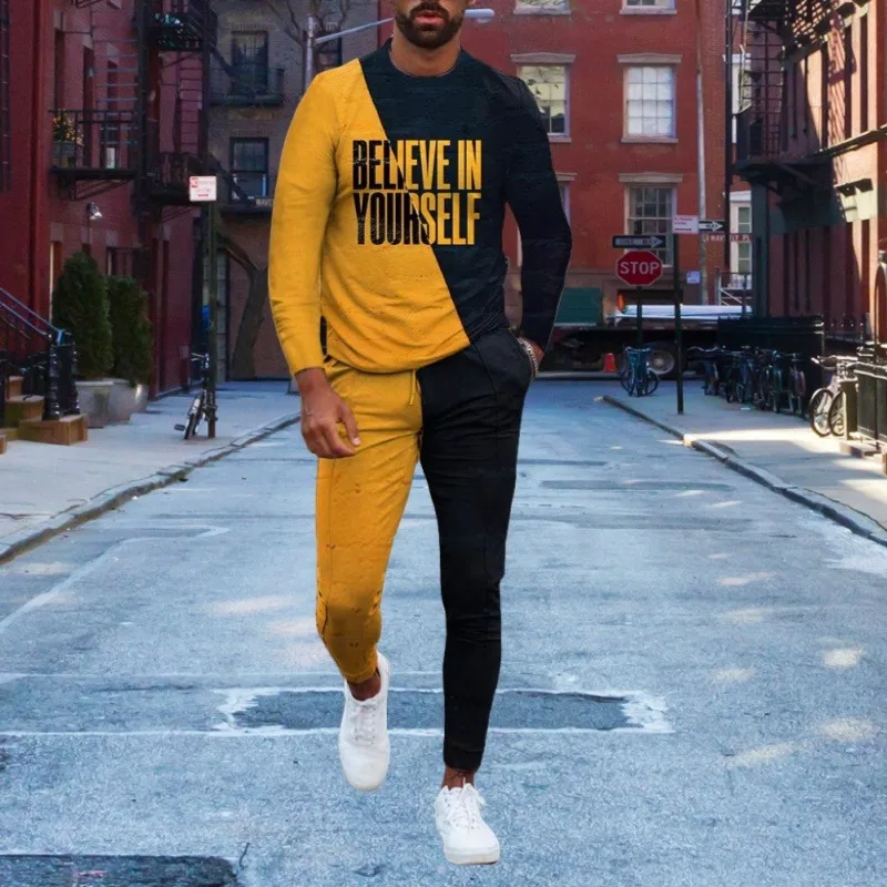 

New Arrival Tracksuit for Men Long Sleeve T-Shirt+Trousers Set Jogger Sportswear 2 Piece Oversized Casual Suit Men's Clothing