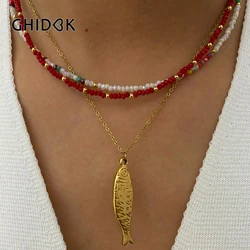 GHIDBK Boho Colorful Acrylic Beaded Chain for Women 18K Gold Plated Solid Fish Pendant Necklace Waterproof Stackable Jewelry