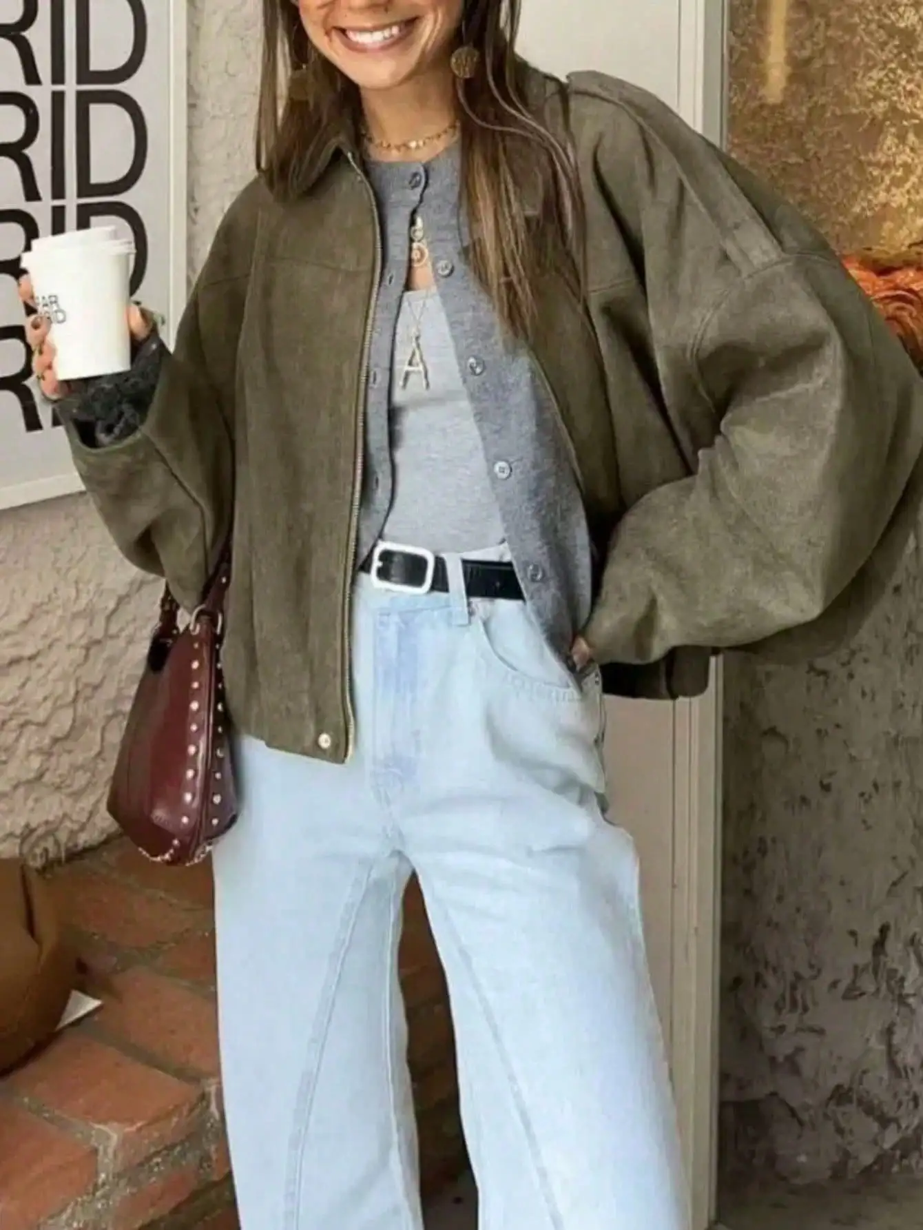 

New Spring Autumn Military Short Jacket, Casual Loose Fit Women's Coat, Trendy Army Color Outerwear for Daily Wear