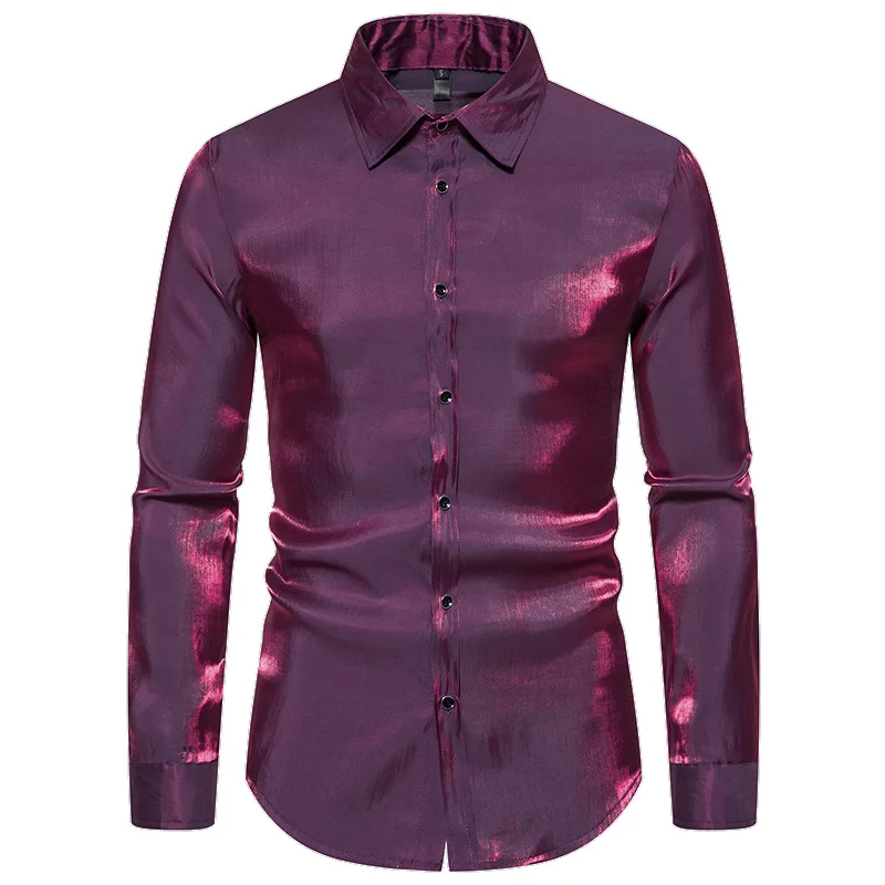 #4749 Bright Surface Shirt Men Streetwear Hip Hop Shirt Long Sleeve Satin Shirt Man Turn-down Collar Stage Dance Wear Singer