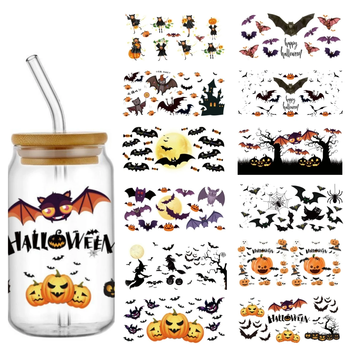

UV DTF Wrap Transfer Sticker Halloween Scary bat pumpkin For 16Oz Glass Cup Sticker Print Waterproof Clear Smooth Easy To Use