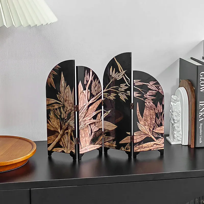 33x26cm Foldable Screen, Chinese Four-panel Crystal Porcelain Decorative Painting, Study Desk Decoration, Classical Lacquerware