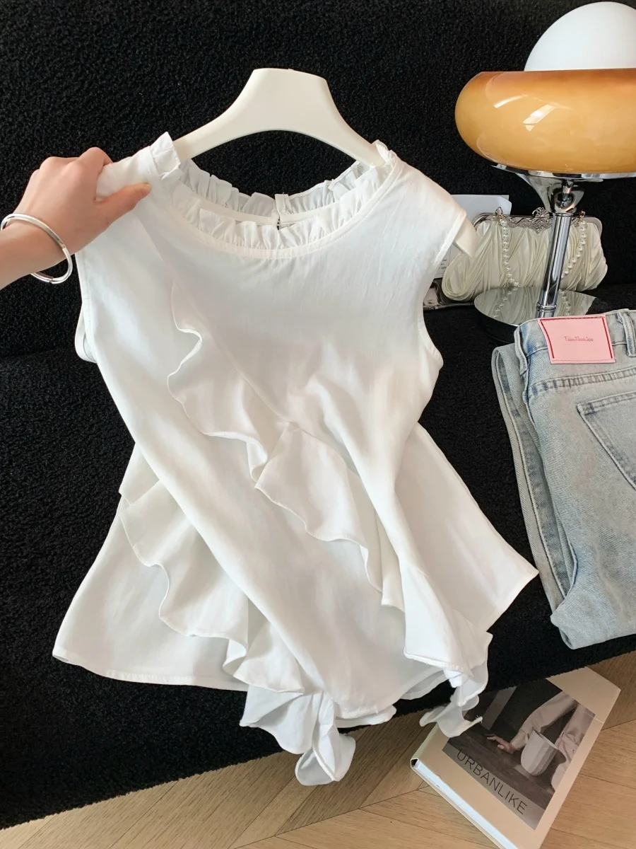 

Slim Fit Asymmetric Sleeveless round Neck Shirt Women's Summer New Style Elegant Wooden Ear Design Top Fashion Trend