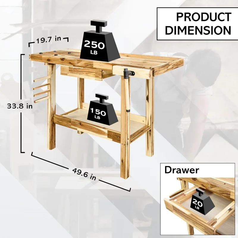Olympia Tools 48-Inch Acacia Hardwood Workbench with Drawer - 330lbs Weight Capacity Heavy Duty Portable Wood Work Bench