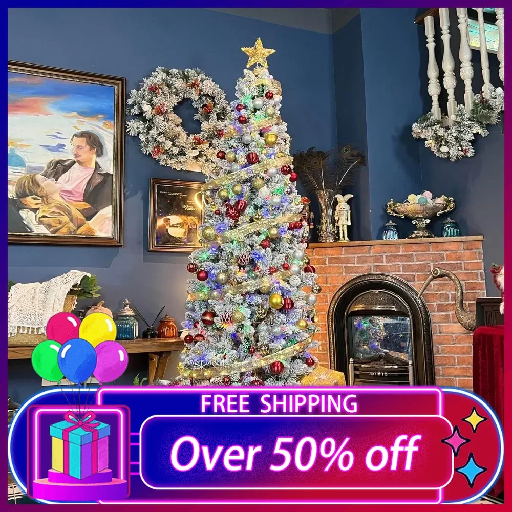 

7.5 ft Prelit Snow Flocked Pencil Slim Christmas Tree with 300 Color Changing LED Lights, 792 Branch Tips, 10 Color Modes