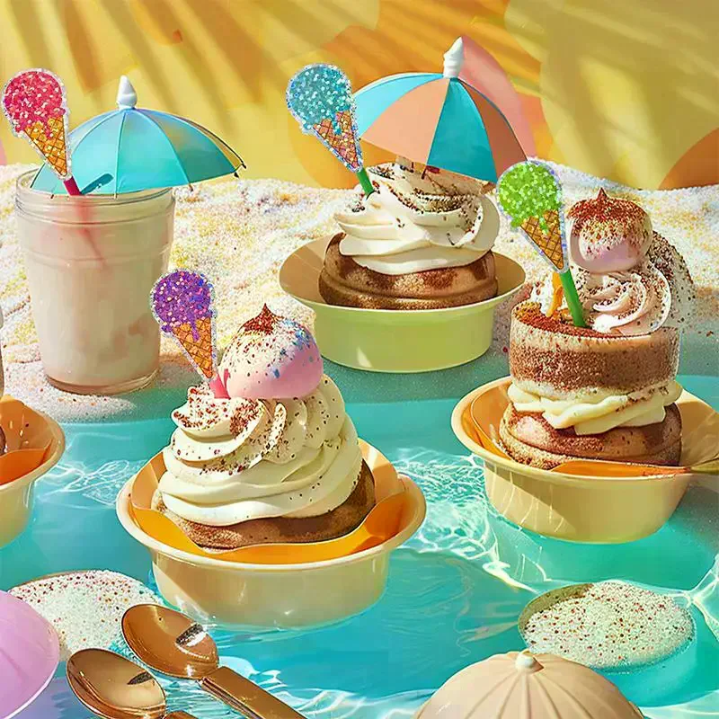 100-500 Pcs Summer Ice Cream Stickers Roll Holographic Ice Cream Cone Stickers Colored Waterproof Self-Adhesive Decals for Gift
