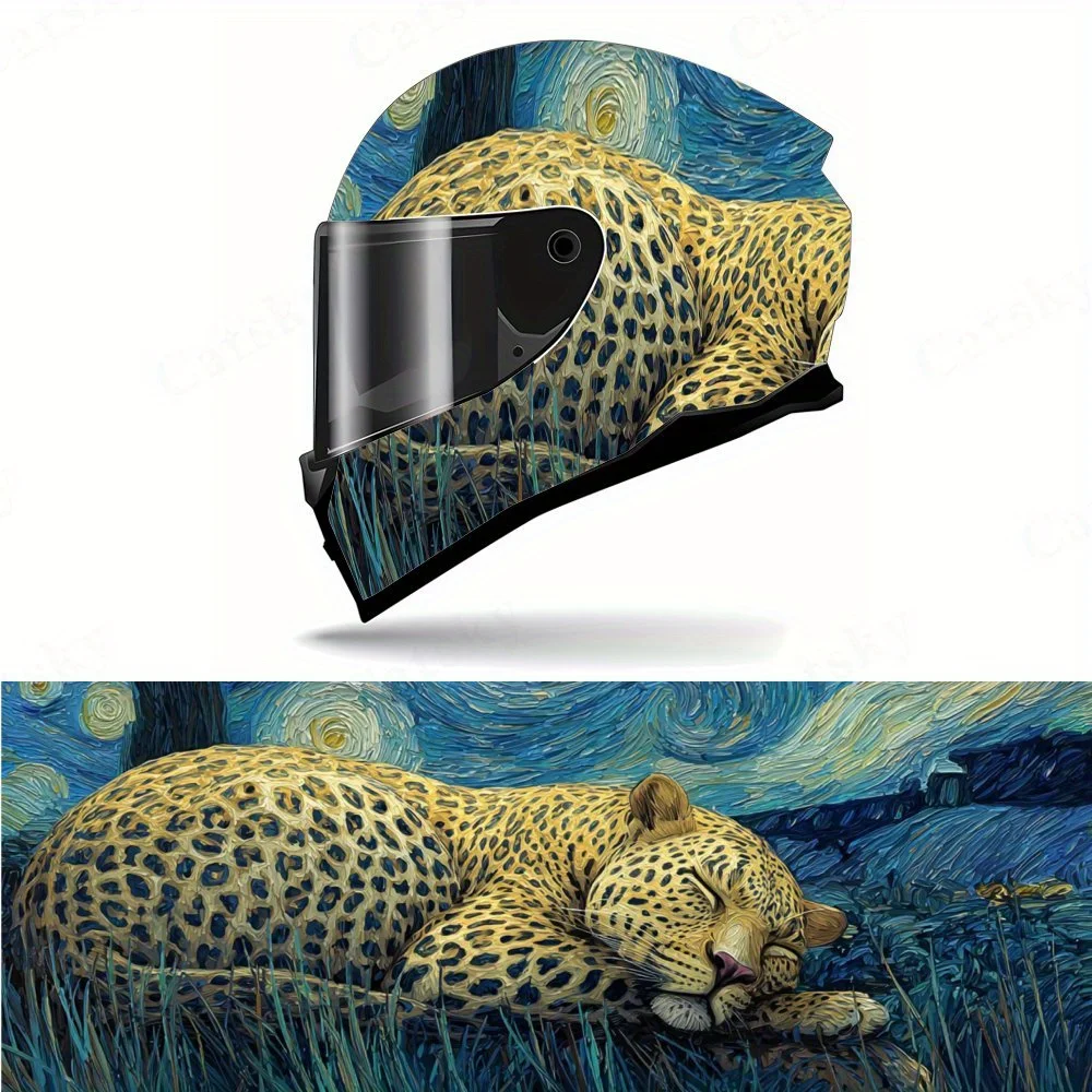 

Leopard with Van Gogh Starry Background PVC Motorcycle Helmet Vinyl Wrap, Self-Adhesive Waterproof Sticker, Anti-Scratch Decorat
