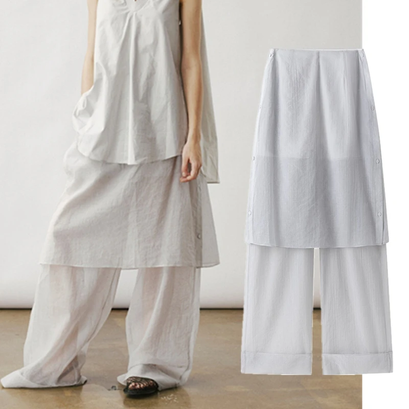 Maxdutti Southern French Elegant Lazy Fake Two Piece Perspective Wide Leg Pants Female Designer's Leg Flanged Skirt Pants Woman