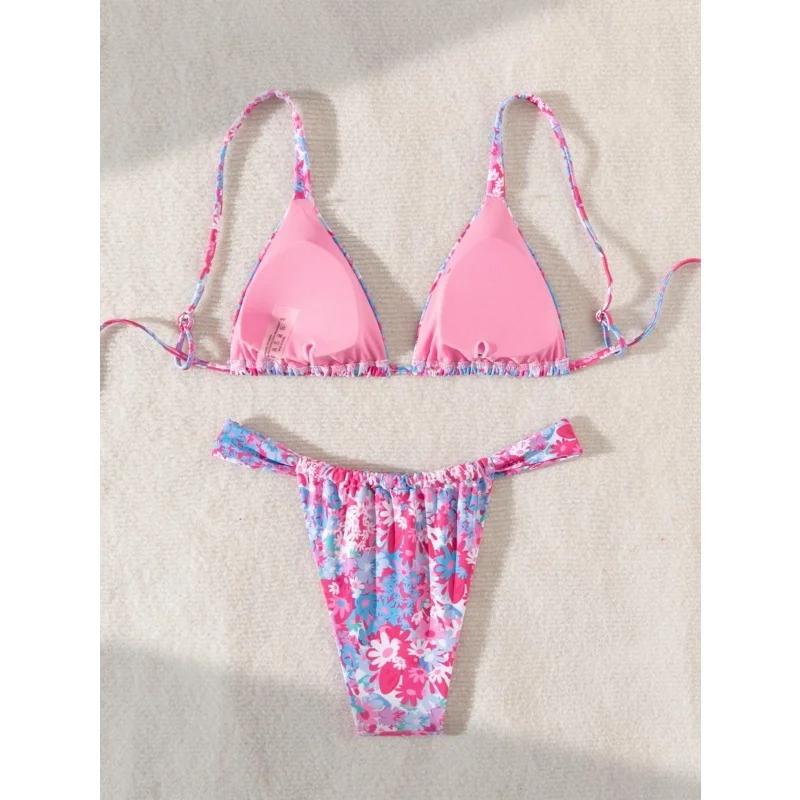Drukowane Bikini Push Up Kostium Kąpielowy Damski Sexy Sznurowane Bez Pleców Trójkątne Stringi Mikro Bikini 2025 Nowy Strój Kąpielowy Dwuczęściowy na Wakacje na Plaży