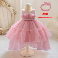 Colorful Lace Baby Girl Party Dresses Toddler Bow Baptism 1st Birthday Princess Dress for Girls Trailing Wedding Evening Vestido