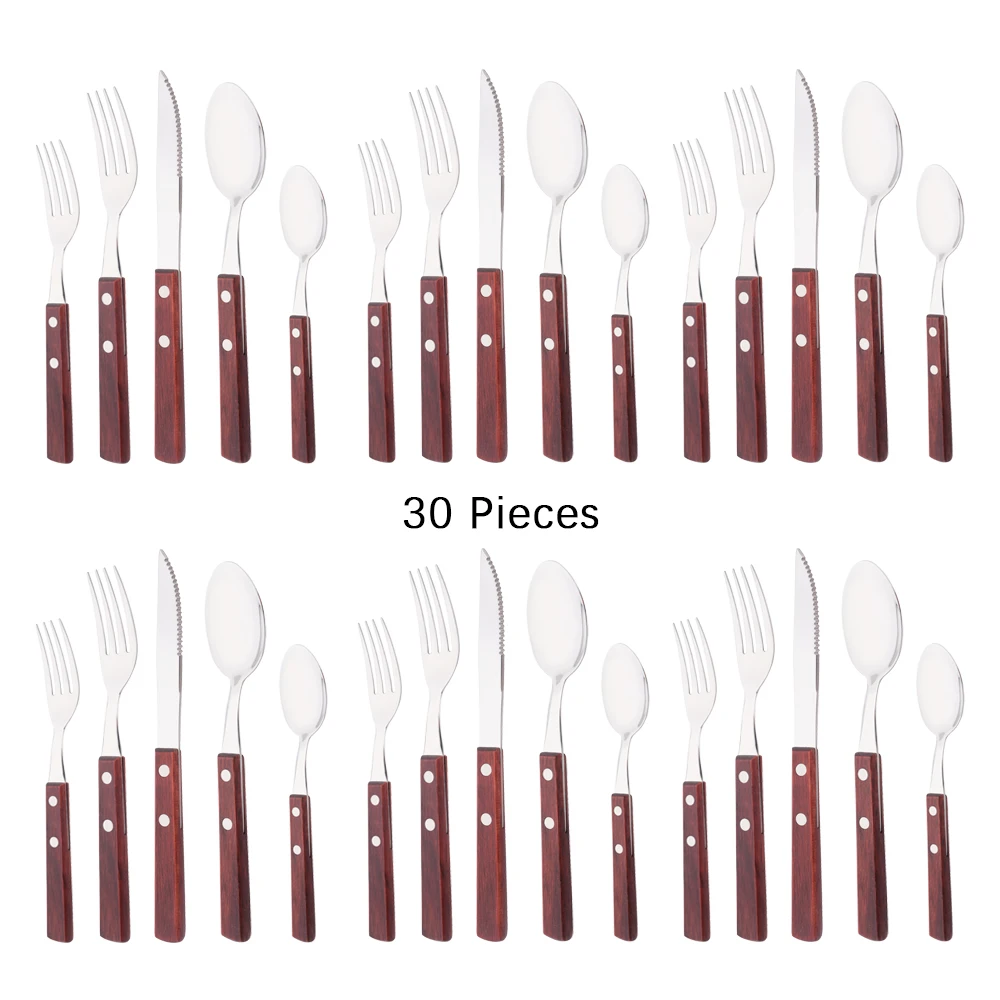 

16/24/30Pcs Red Wooden Handle Cutlery Set Stainless Steel Home Sharp Knife Fork Spoon Tableware Kitchen Complete Dinnerware Set