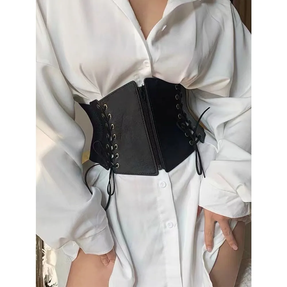 Sabuk Korset Depan Berenda Aksesori Pelatih Pinggang Halloween untuk Wanita Pakaian Negara Cowgirl Barat Sabuk Hitam Antik