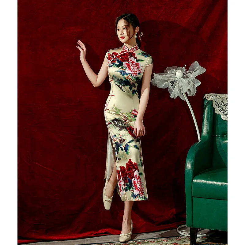 Yourqipao Spring Ice Silk Qipao Cheongsam Dress Three-quarter Sleeves Long Modified Side Eight-button Double-layer Chinese Style