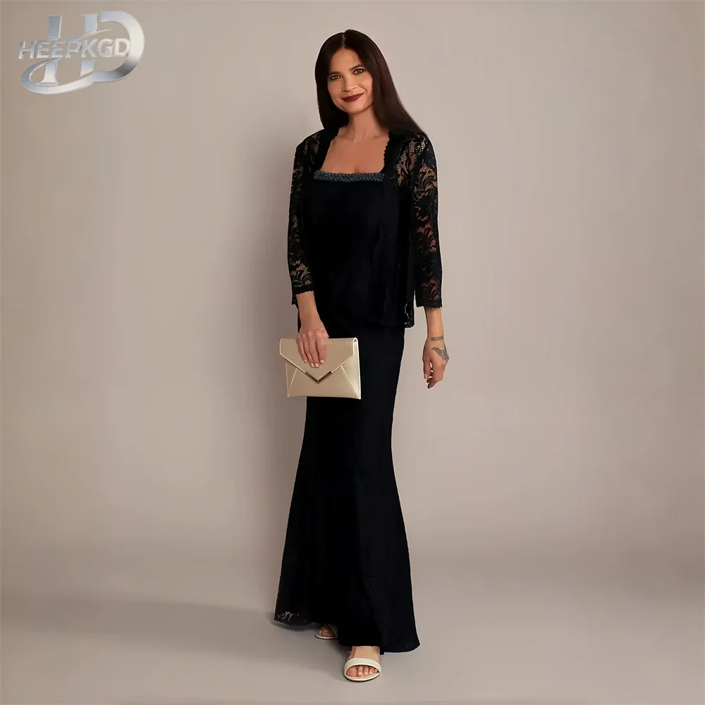 

Long Elegant Black Mermaid Mother Of The Bride Dresses With Lace Jacket Floor Length Straps Plus Size Women Gowns For Mother