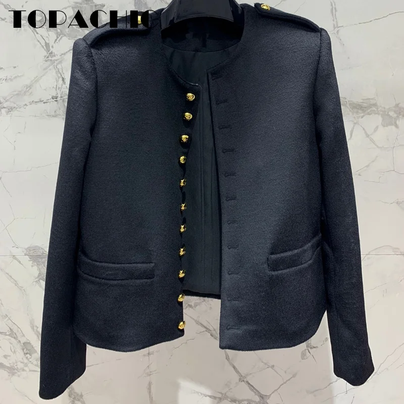 8.4 TOPACHIC-Women\'s Classic Epaulet High Quality Wool Jacket Coat O-Neck Letter Gold Button Decoration Short Outerwear