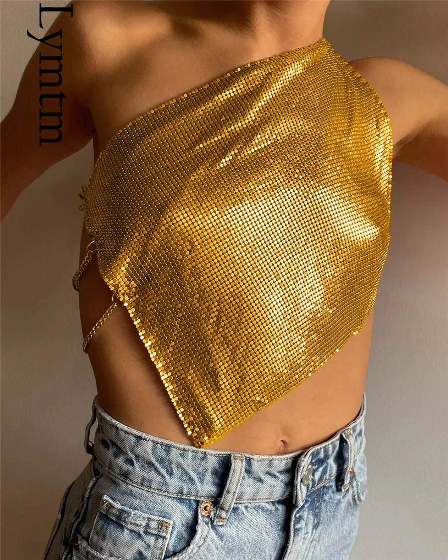 Glitter Metal Sequins Single Shoulder Tank Top Y2K Sexy Backless Side Split Metallic Chain Crop Top Rave Festival Party Camisole