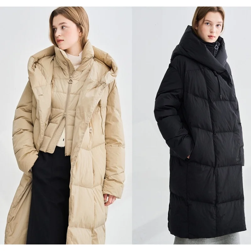超保温グースダウンパーカーコート通勤スタイルフード付きパファージャケット厚手長袖ミドル丈無地QPPブランド