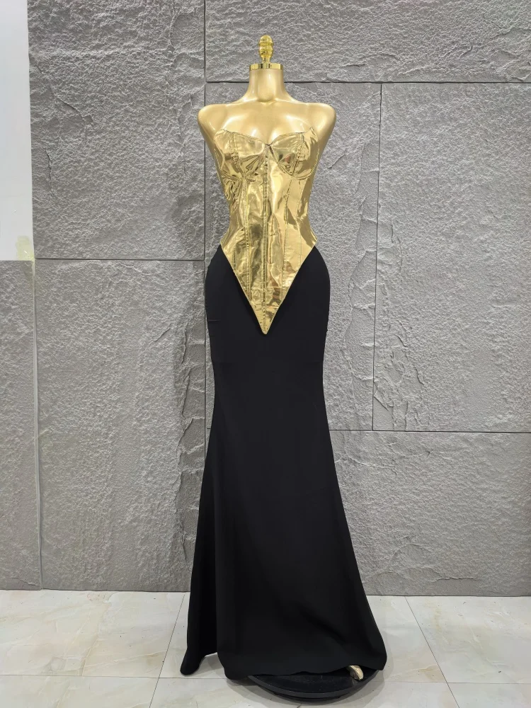 

2025 New Arrival Women Sexy Golden Strapless Tops 2 Pieces Bodycon Floor-Length Dress Celebrate Nightclub Party Cocktail Wear