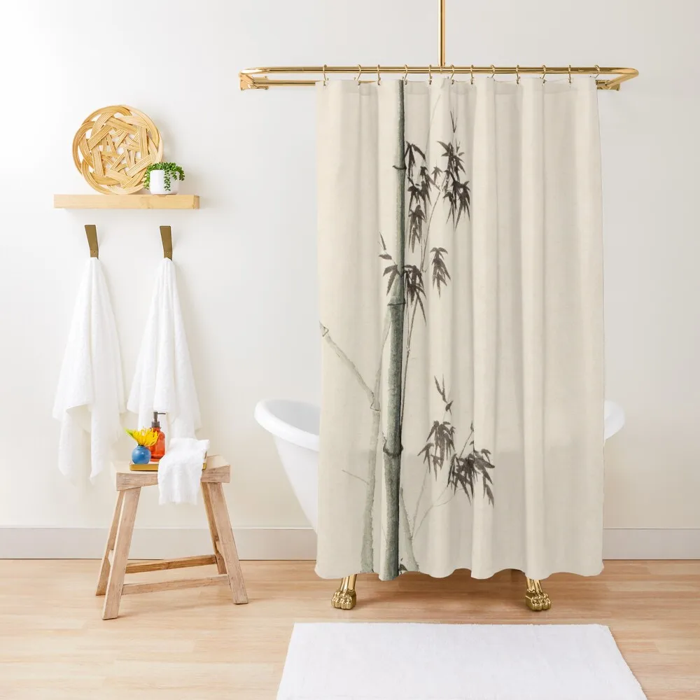 Oriental Zen sumi-e painting of a bamboo with green stalk on vintage natural rice paper art print Shower Curtain Window Curtain