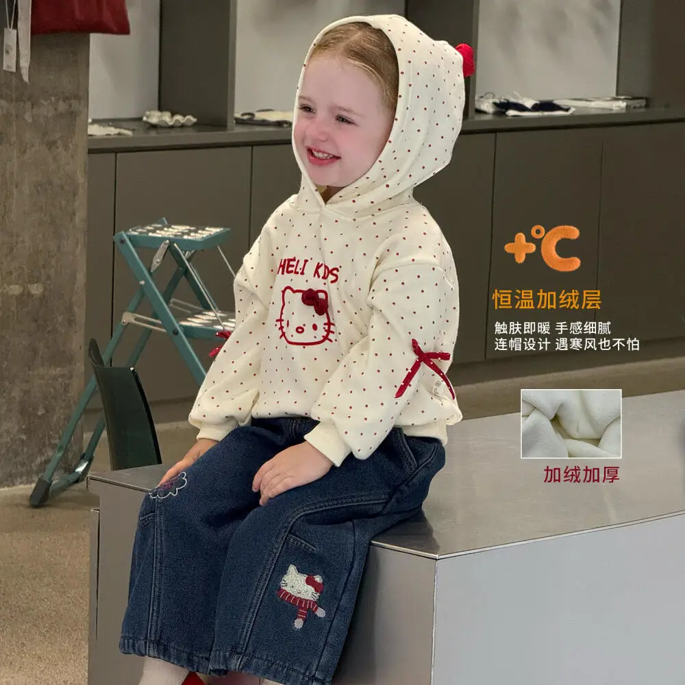 

Sanrio Hello Kitty 2025/Детские флисовые толстовки, зимняя одежда для девочек, бархатная одежда для девочек, детский комплект одежды с верхней нижней частью