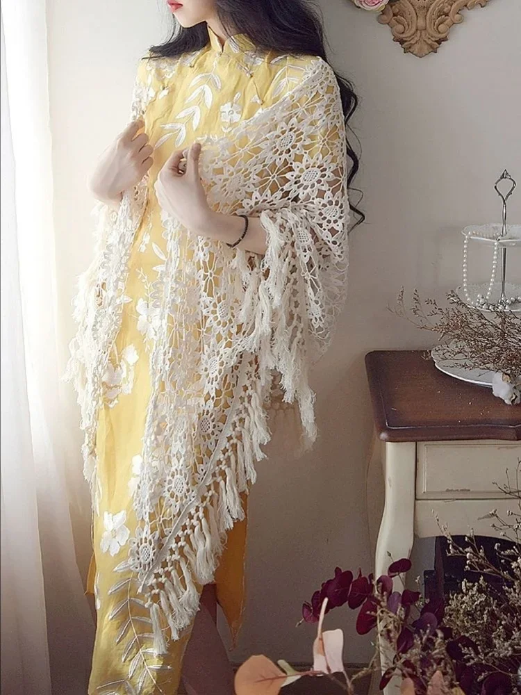 

Треугольный шарф с подсолнухом, шаль для женщин, сверхпрочный хлопковый вязаный крючком кружевной ажурный винтажный шарф с бахромой ручной работы на весну, лето, осень