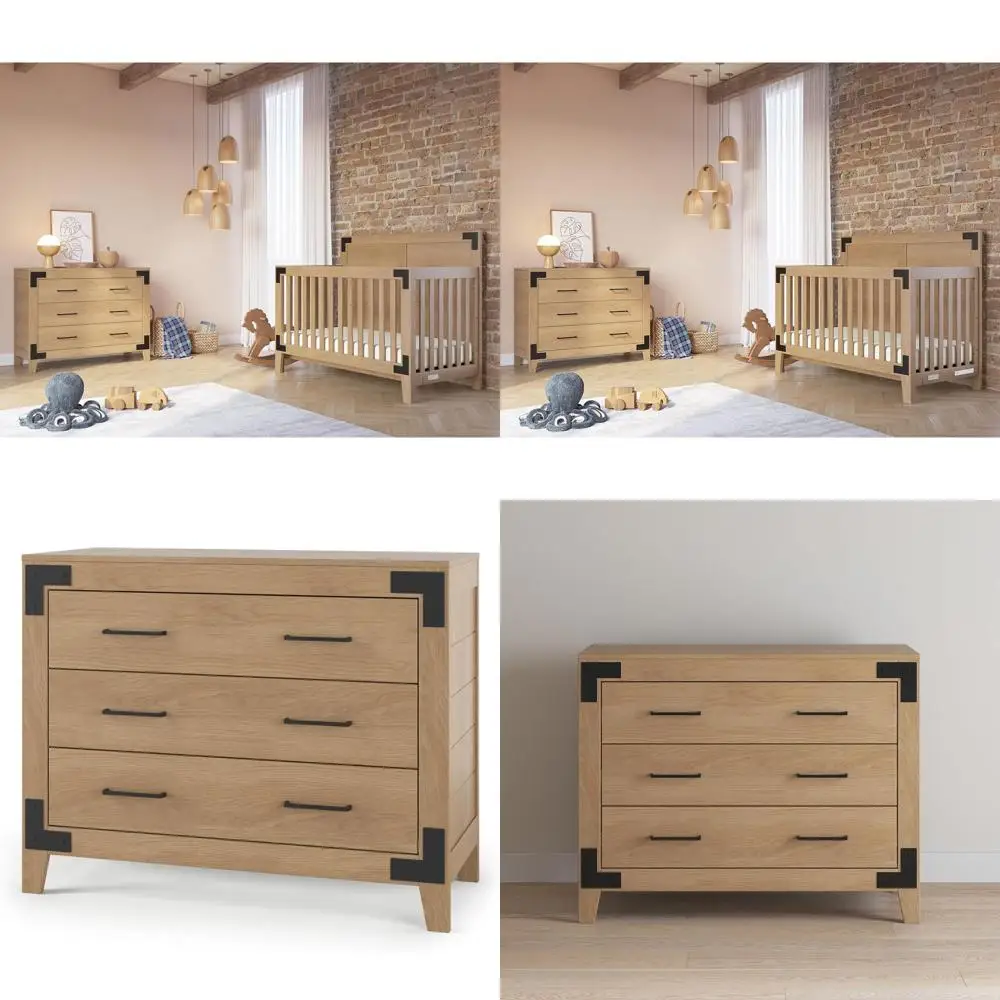 

3-Drawer Wooden Nursery Dresser with Metal Handles and Bracket Accents, Baby-Safe Finish