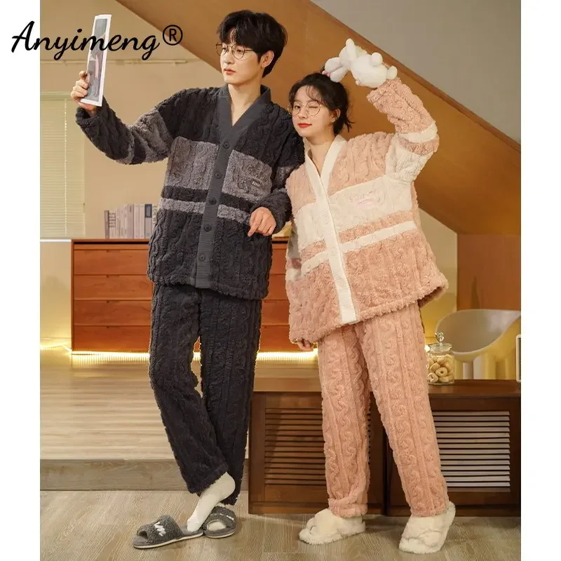 New Winter Thick Pajamas Set for Couple Korean Teddy Jacquard V-neck Sleepwear for Man and Women Kimono Velvet Pjs for Lovers