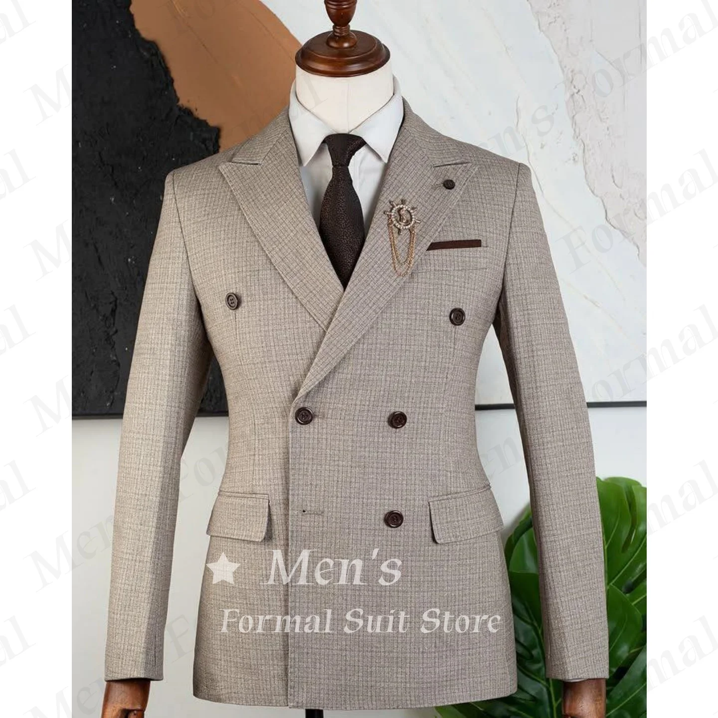 2 Piece Suit Brown Pants Set Slim Fit Khaki Tiny Check Notch Lapel Blazer  Business Streetwear Office Prom Wedding Customized