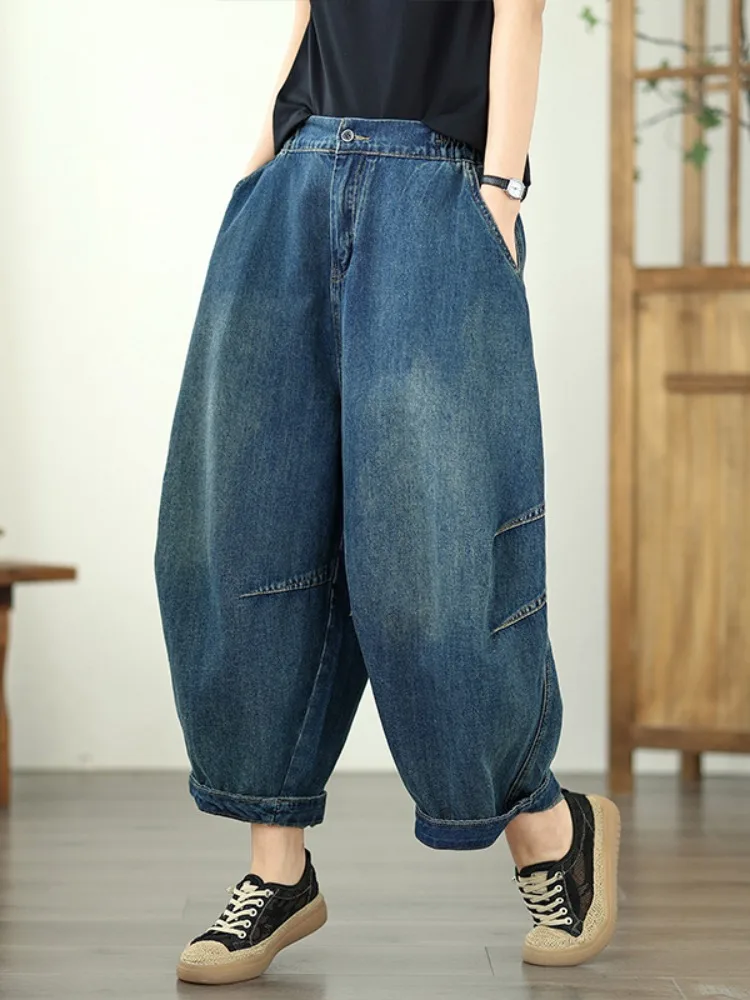 

Женские винтажные свободные джинсы больших размеров, повседневные широкие брюки-харлан с фонариками, весна-лето, эффект похудения, удобная посадка