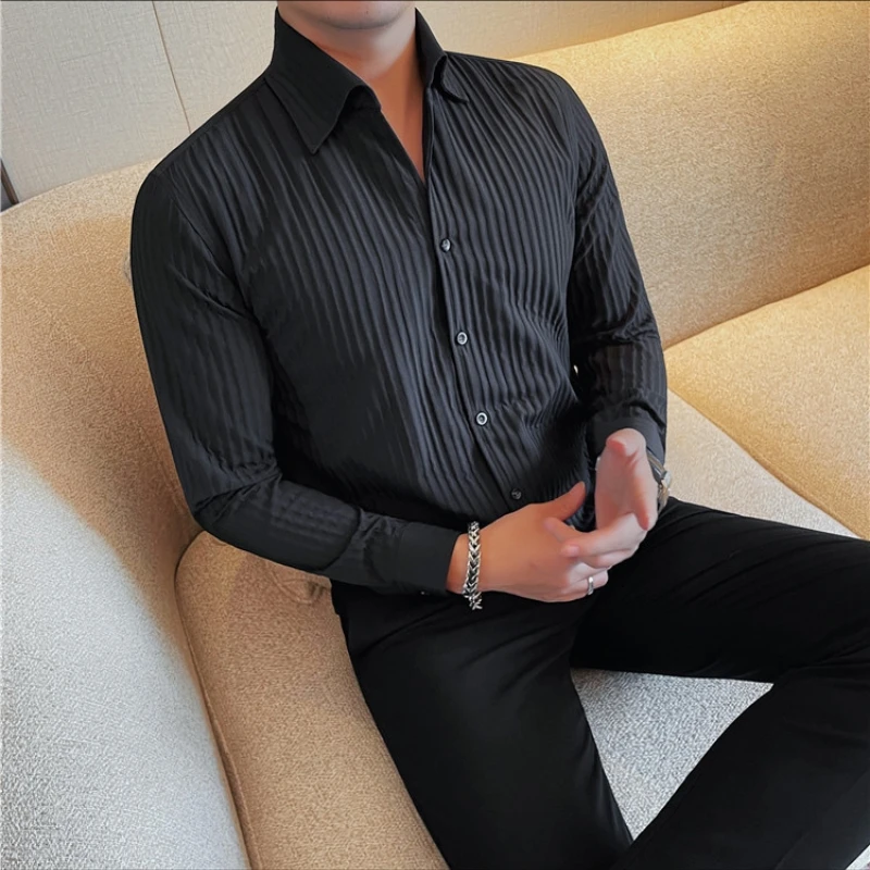 

Men Slim Fit Long Sleeve Casual Shirts Business Formal Dress Shirts Social Party Tuxedo Blouse High Quality Striped Shirt for