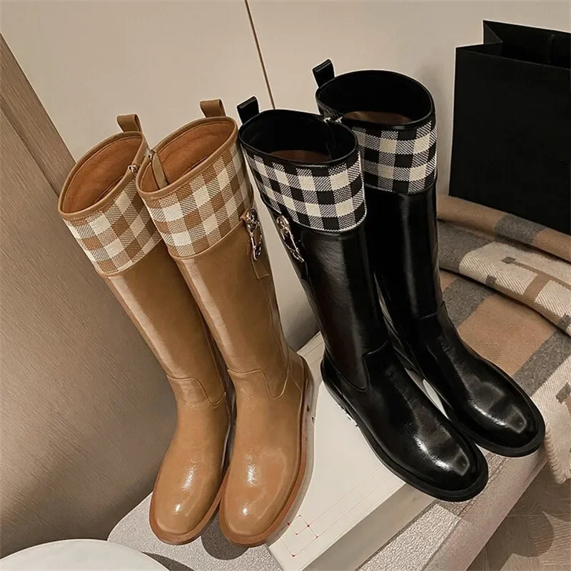 Knight Boots Winter New Women's Leather Long Knee Boots Casual Round Toe Ladies Shoes Luxury Chunky Heels Female Footwear Botas