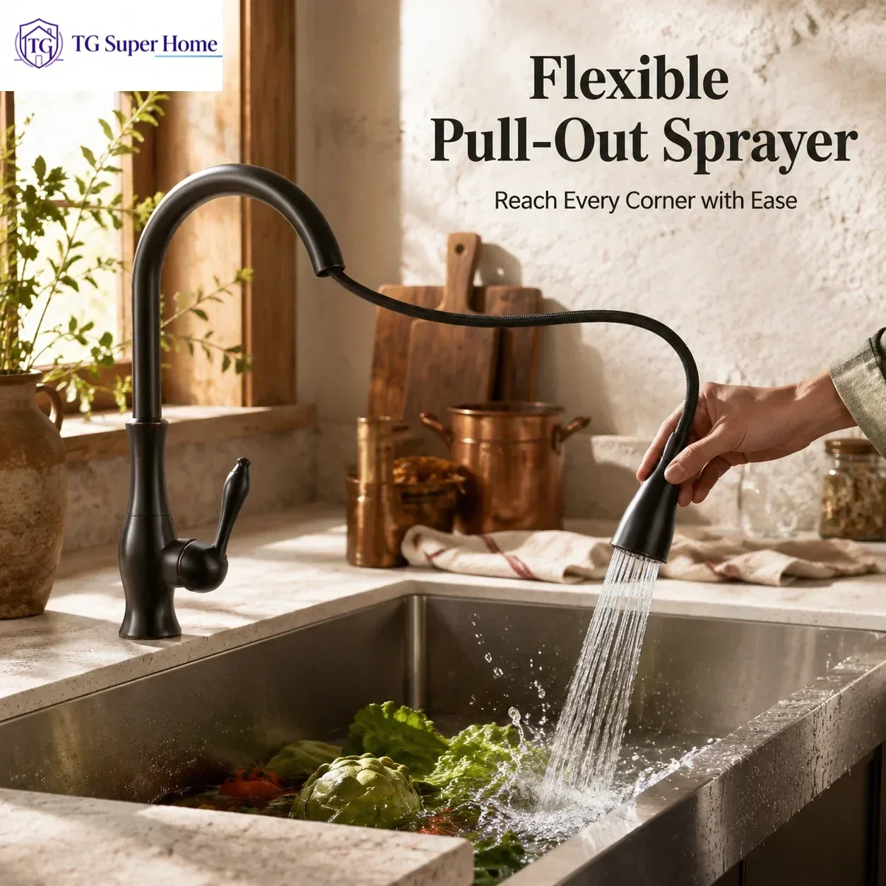 Black Antique Copper Pull-Out Kitchen Sink Faucet with Multiple Water Outlet Modes, Made of Brass Material with a Single Handle