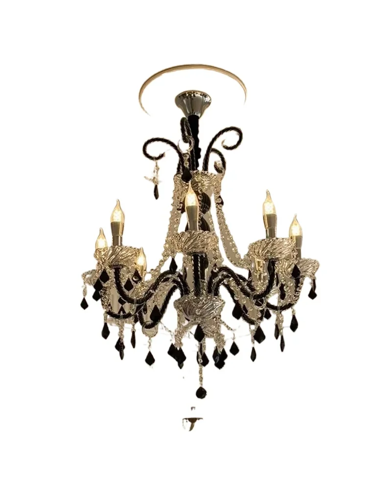 

French black crystal chandelier European retro cream style advanced sense living room atmosphere study master bedroom room light