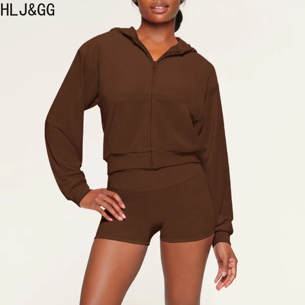 HLJ&GG Fashion Zip Long Sleeve Tops And Shorts Two Piece Sets Casual Solid Matching Tracksuits Autumn Female Sporty 2pcs Outfits