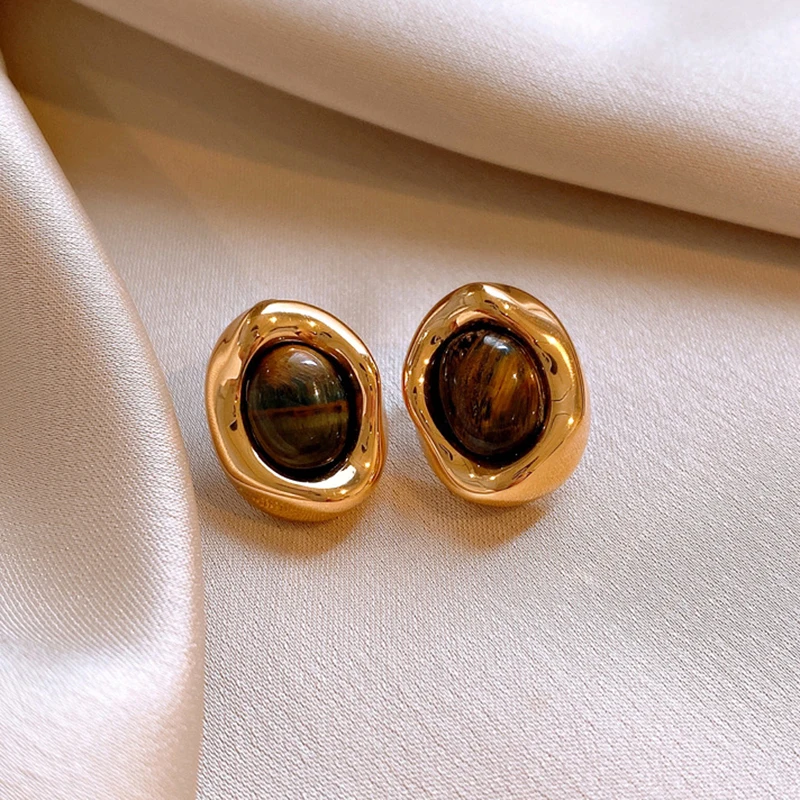 Retro Golden Metal Frame Tigereye Stone Earrings with Brown Acrylic Oval Bead Stud Earrings Party Trendy Geometry Jewelry Gifts