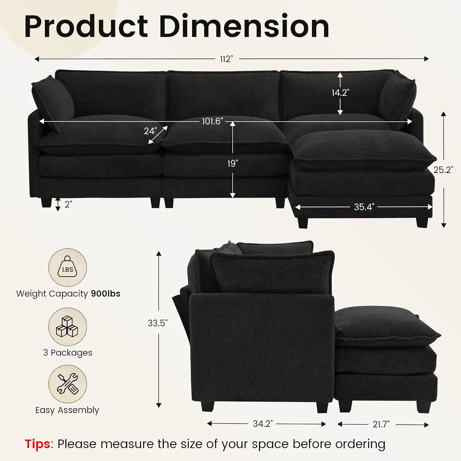 Oversized Modular Sectional Sofa with Ottoman, 112