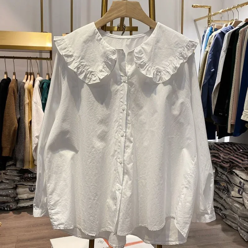 Sweet White Loose Blouse Spring Autumn New Solid Color Long Sleeve Korean Ruffled Shirt Tops Preppy Style Fashion Women Clothing