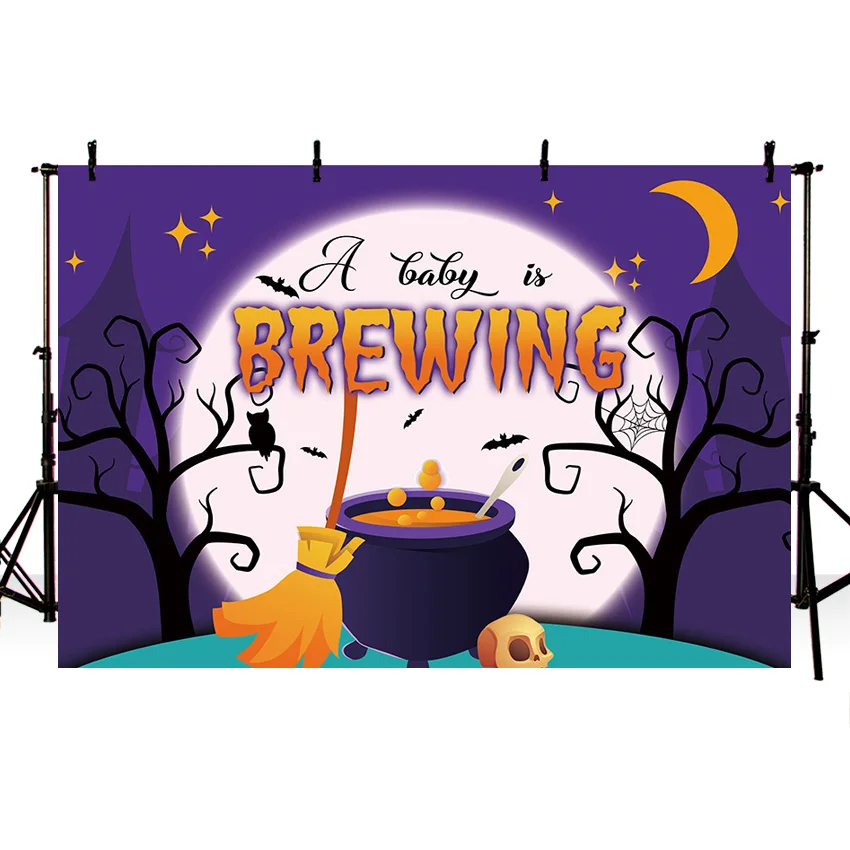 Halloween Baby Shower Backdrop Skull Soup A Baby is Brewing Photography Background Party Banner Moon Bat Decor Photoshoot Studio