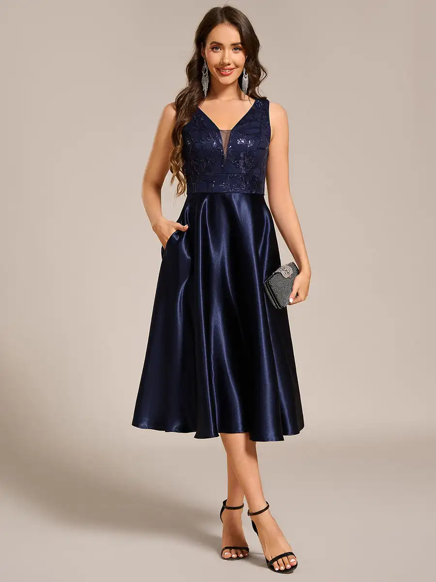 

Elegant Evening Dresses Deep V-Neck Strapless Knee-Length 2025 Ever Pretty of A-Line Navy Blue Wedding Guest Dress